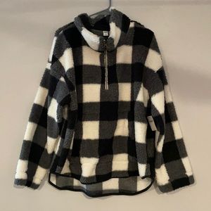 Quarter zip black and white plaid Sherpa sweater